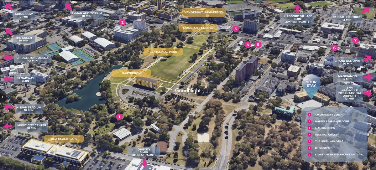 A sweeping view including Vanderbilt University, Centennial Park, and Music Row, with people enjoying outdoor spaces and bustling city life. The image captures the energy of an evolving, walkable urban neighborhood, showing both green spaces and nearby city attractions.