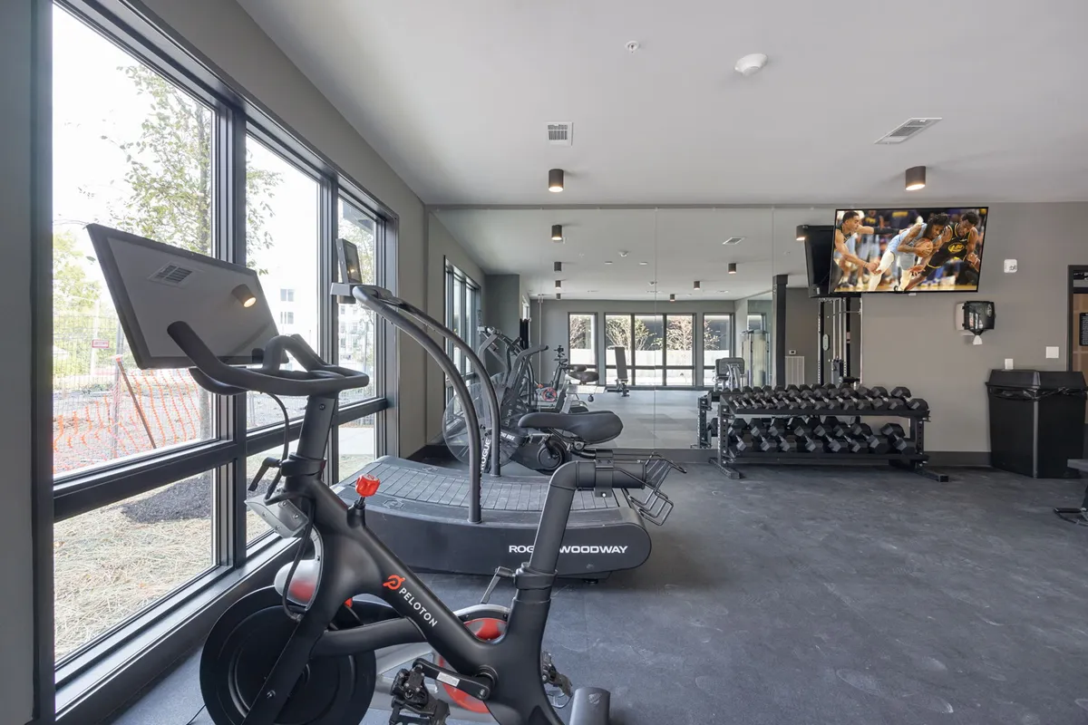 A bright, modern gym interior featuring a Peloton bike, treadmill, free weights, and large windows, with a television screen for entertainment. The gym exudes motivation and offers ample opportunities for both solo workouts and informal networking with neighbors.