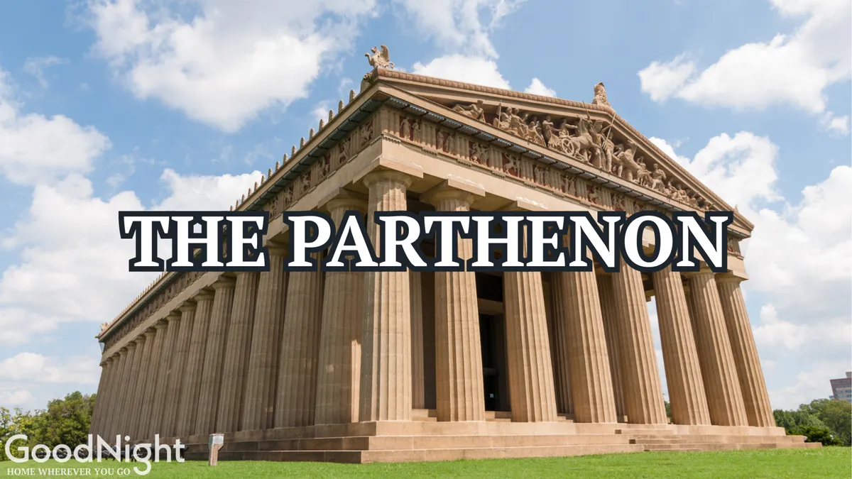 The image captures the full grandeur of Nashville's Parthenon, showing off its majestic columns and sculptural details in a sunlit setting. The scene invites viewers to imagine themselves touring this iconic cultural landmark, perfectly representing the proximity to Centennial Park described in the section.